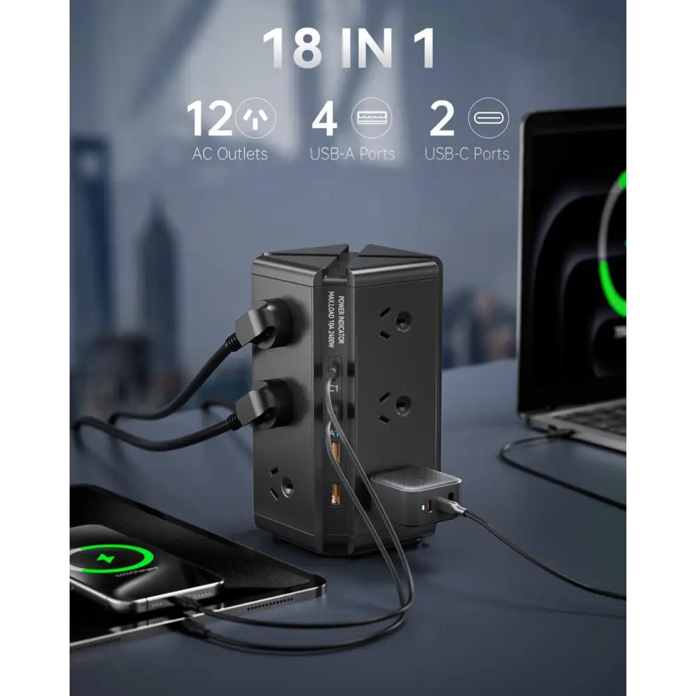 Tower Strip - USB C Powerboard Surge Protector 12-Outlet 24W(Max) Board with 4-USB & 2 USB-C 1.8M Extention Cord
