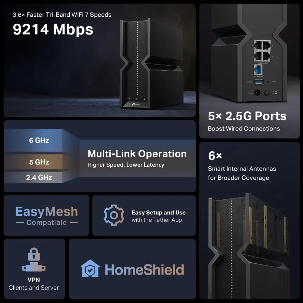 TP-Link BE9300 Tri-Band Wi-Fi 7 Router MLO Full 2.5G Ports Boost Connection EasyMesh-Competitble HomeShield Security