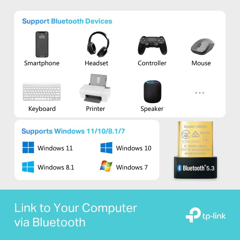TP-Link Bluetooth 5.3 Nano USB Adapter Wireless Nano-Sized Design Supports Windows 11/10/8.1/7 System Faster Speeds