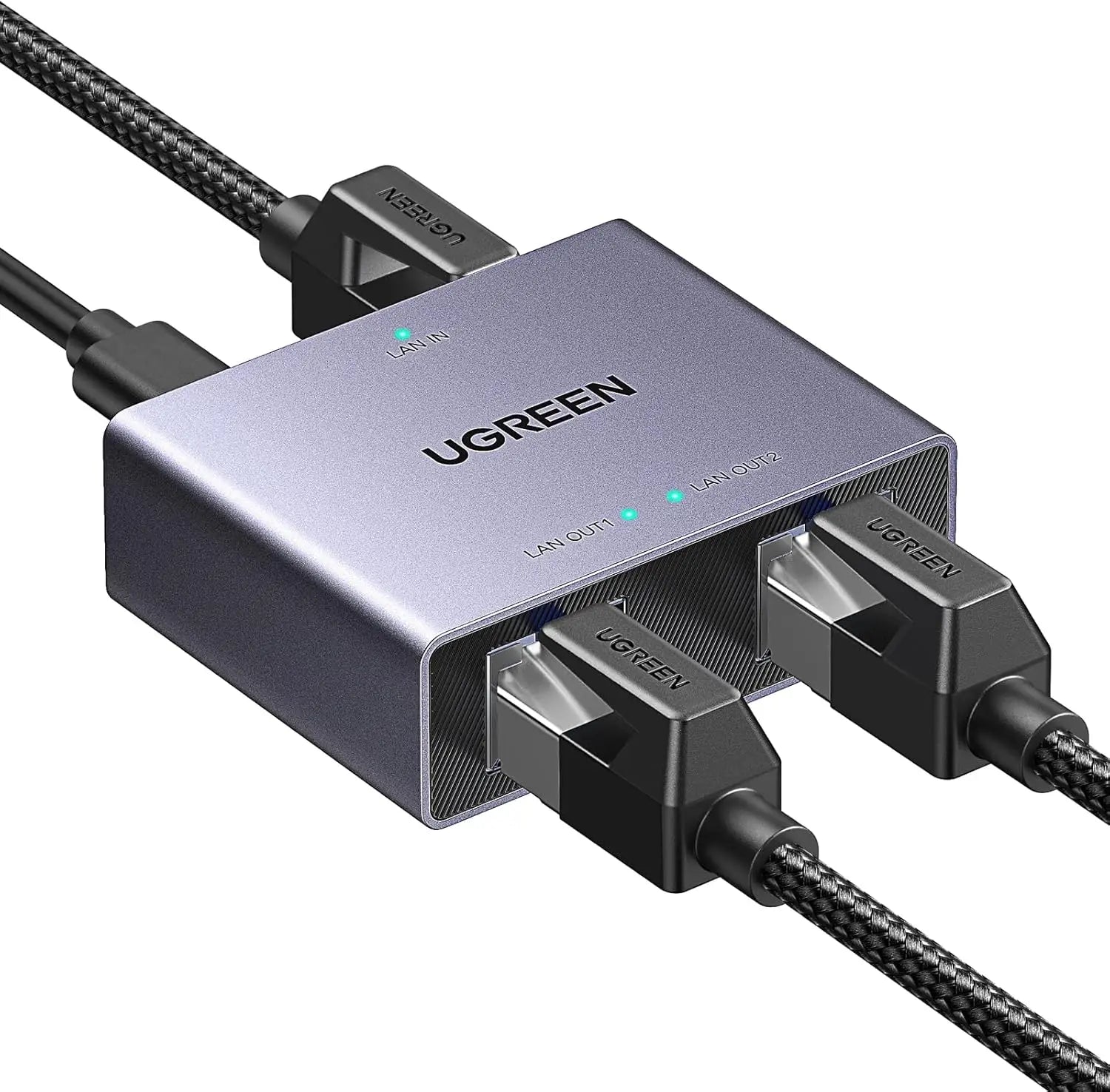 UGREEN 1 in 2 Out Ethernet Splitter Aluminum Gigabit Network Port LAN Internet Adapter with USB C Charging Cable Plug