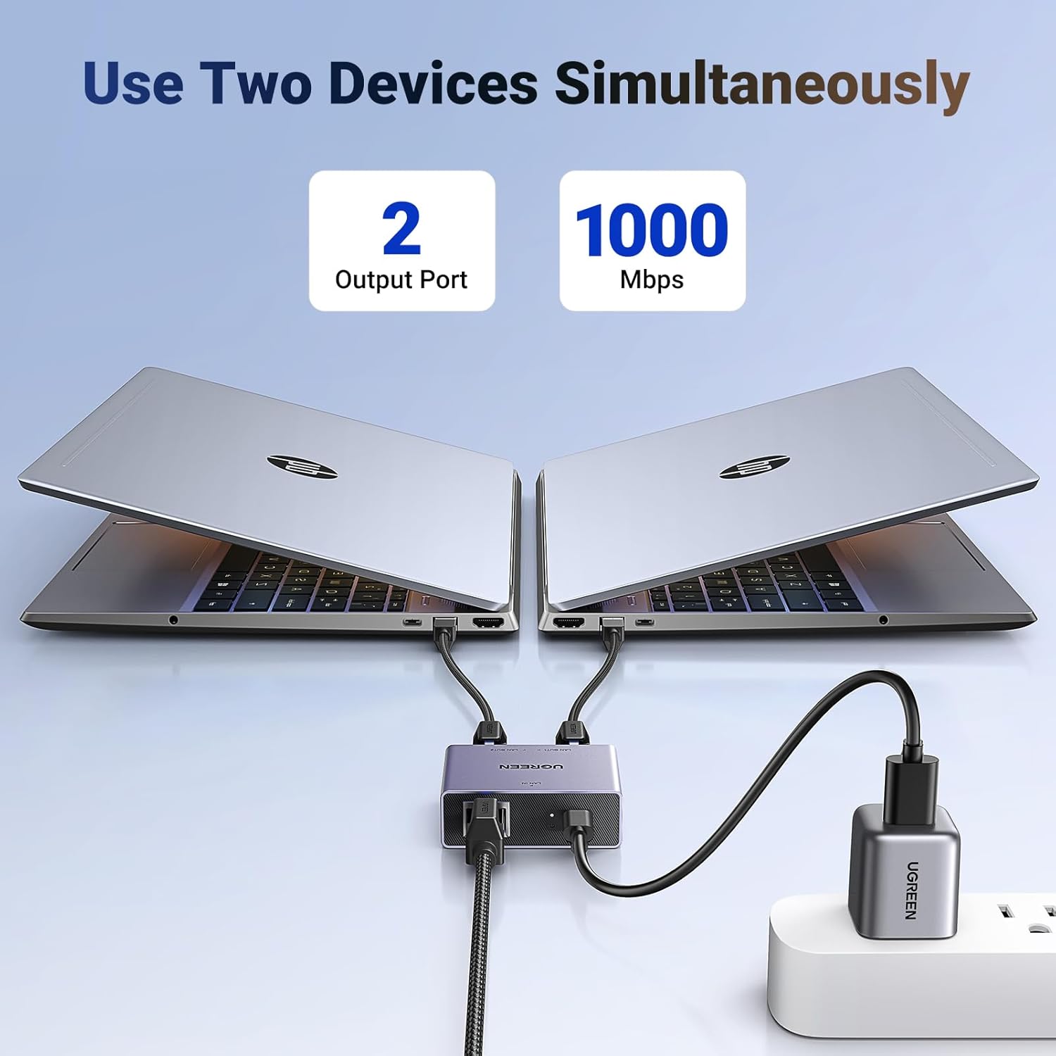 UGREEN 1 in 2 Out Ethernet Splitter Aluminum Gigabit Network Port LAN Internet Adapter with USB C Charging Cable Plug