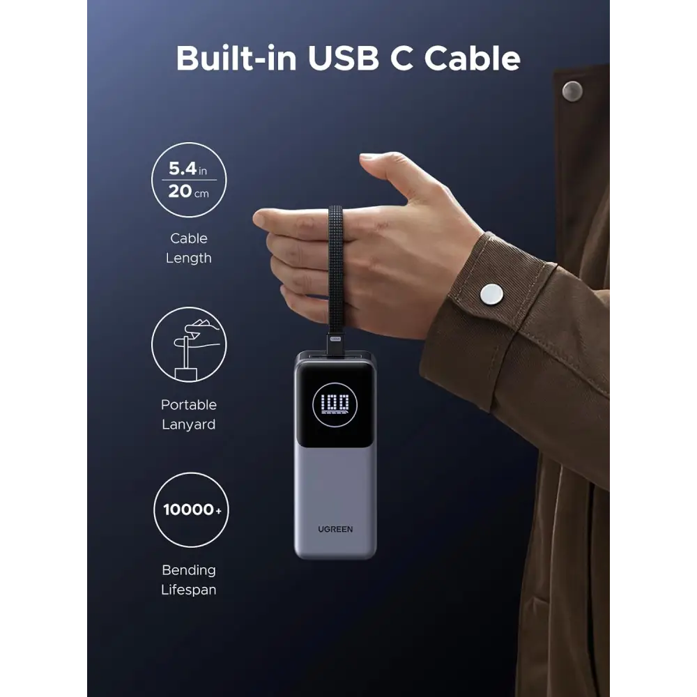 UGREEN 130W Bank 20000mAh Portable Charger Fast Charging 3-Way Nexode Battery Pack with Built-in USB C Cable 80W