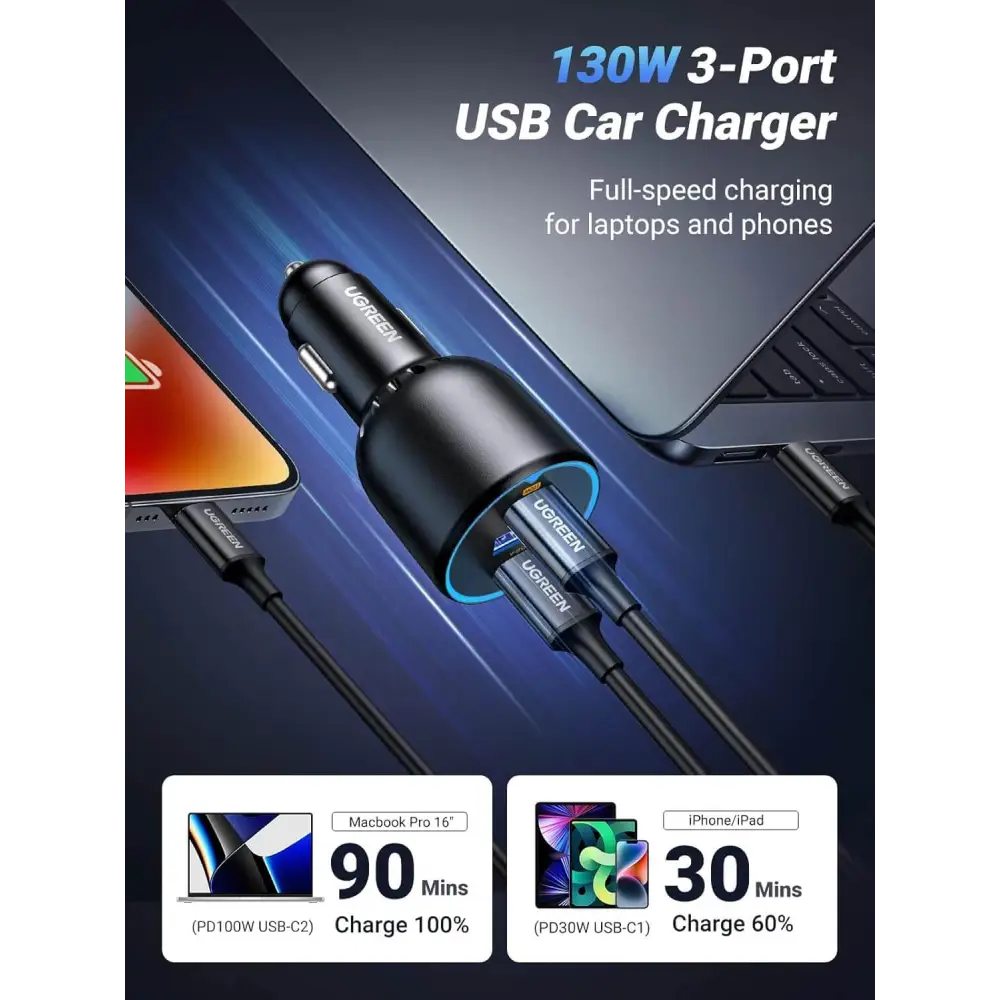 UGREEN 130W USB C Car Charger 3 Port PD3.0/QC4.0/PPS 45W with LED Light Compatible MacBook iPad iPhone 16 15 14 Galaxy