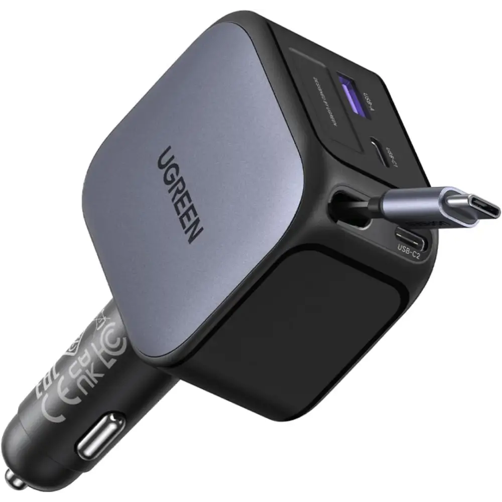UGREEN 145W Retractable Car Charger Fast Charge Cigarette Lighter USB with 60W Cable 4-Port Accessories Compatible