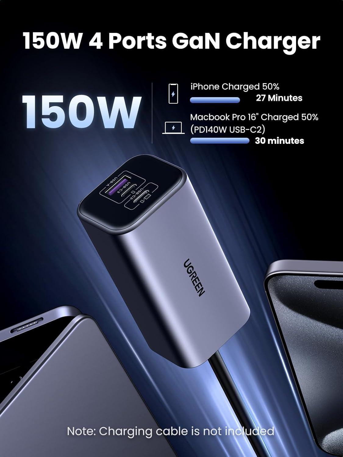 UGREEN 150W Car Charger Super Fast Charging 4 Ports USB C PD 140W GaN PPS 45W SCP 22.5W Clip Design Compatible