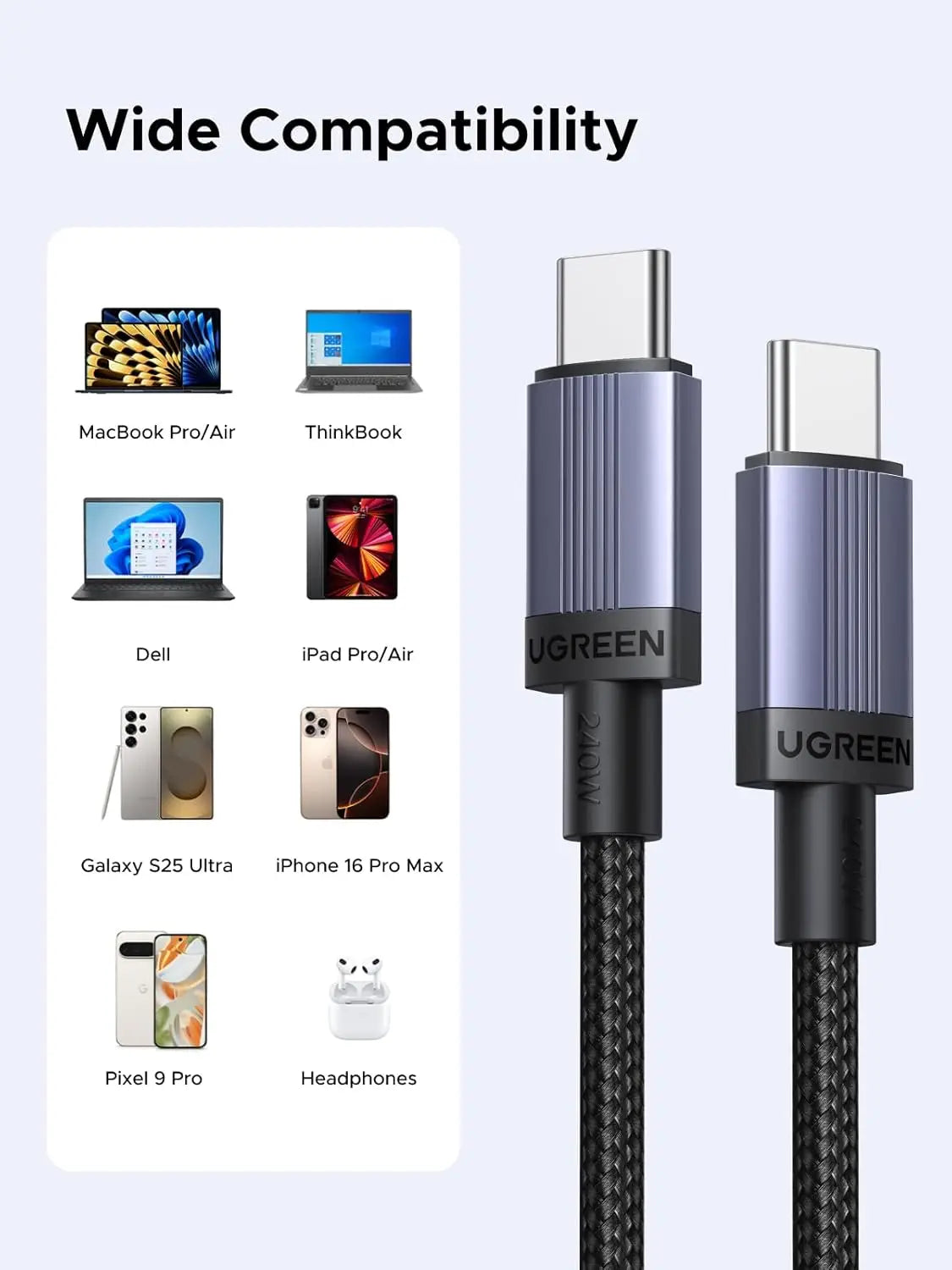 UGREEN 2 Pack 240W USB C to Cable 2M USBC PD Fast Charging Type Charger for iPhone 17 Pro Max MacBook iPad pro Dell