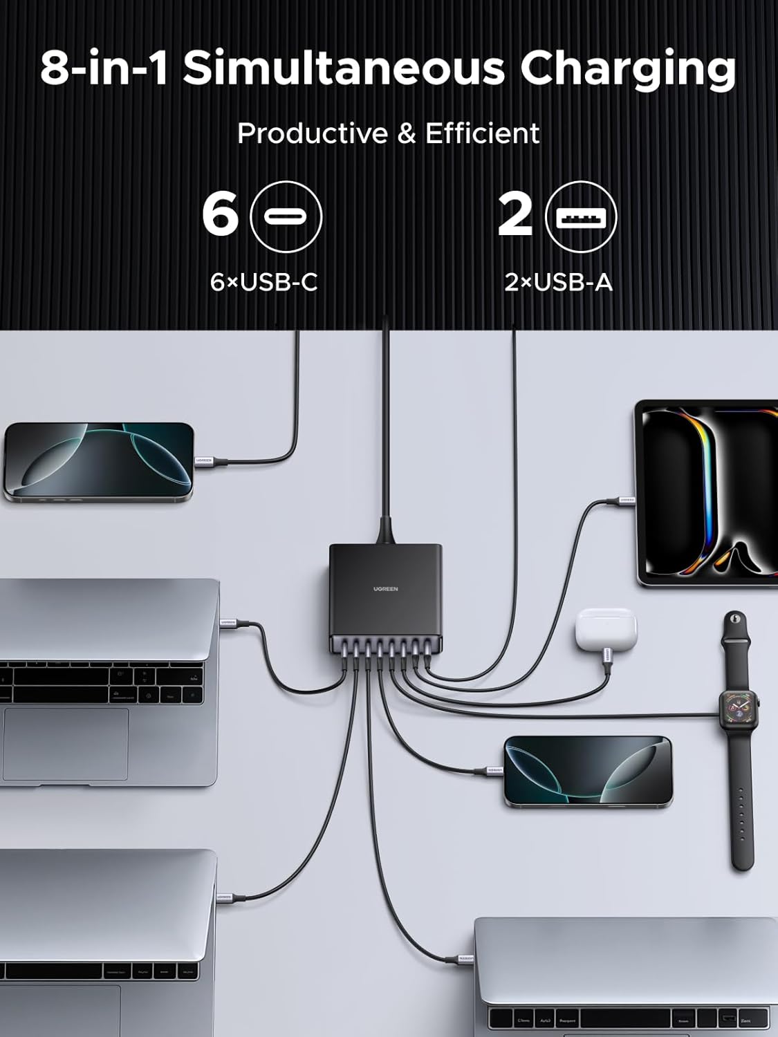 UGREEN 200W USB C Charger Nexode 8 Ports Charging Station Laptop GaN II Power Adapter 100W Fast Charge Block