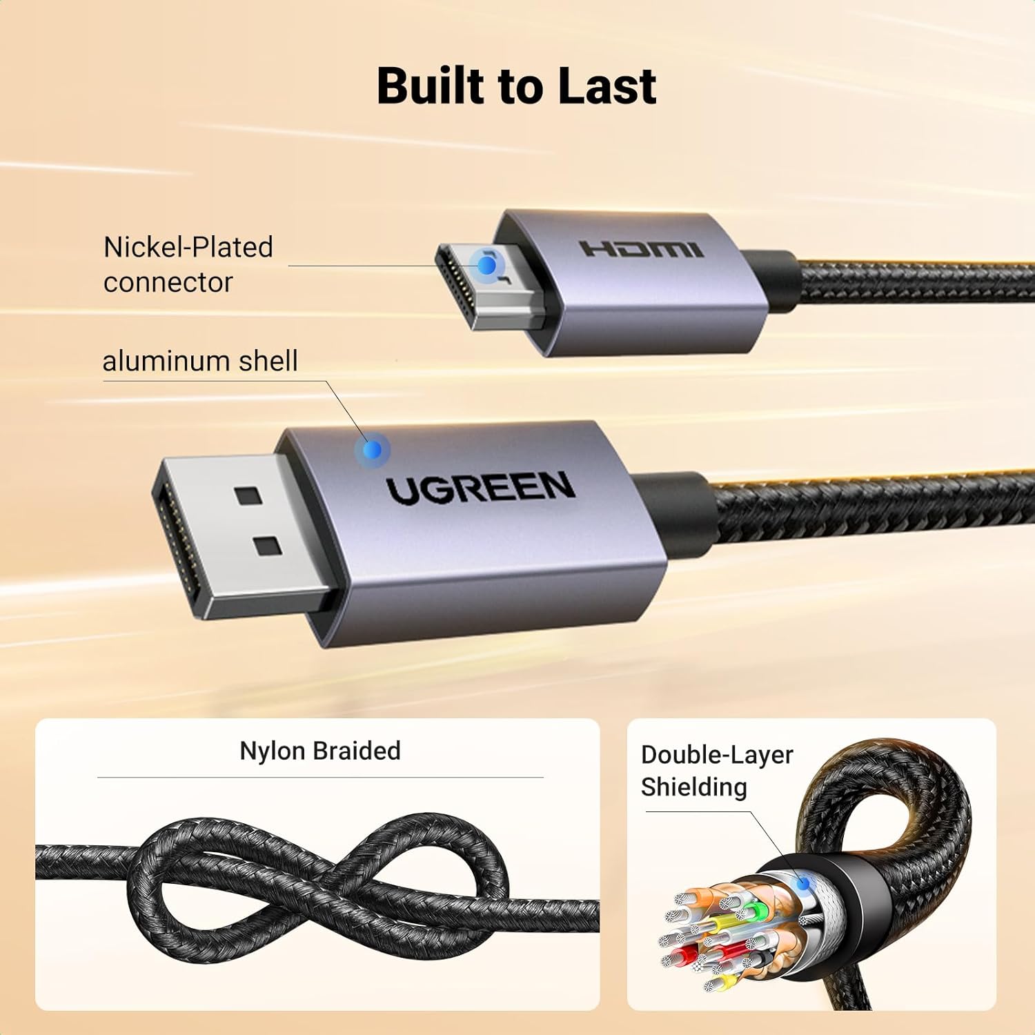 UGREEN 4K Displayport to HDMI Uni-Directional Cable 2M Braided Aluminium Male for Gaming on Multi-Screen Compatible