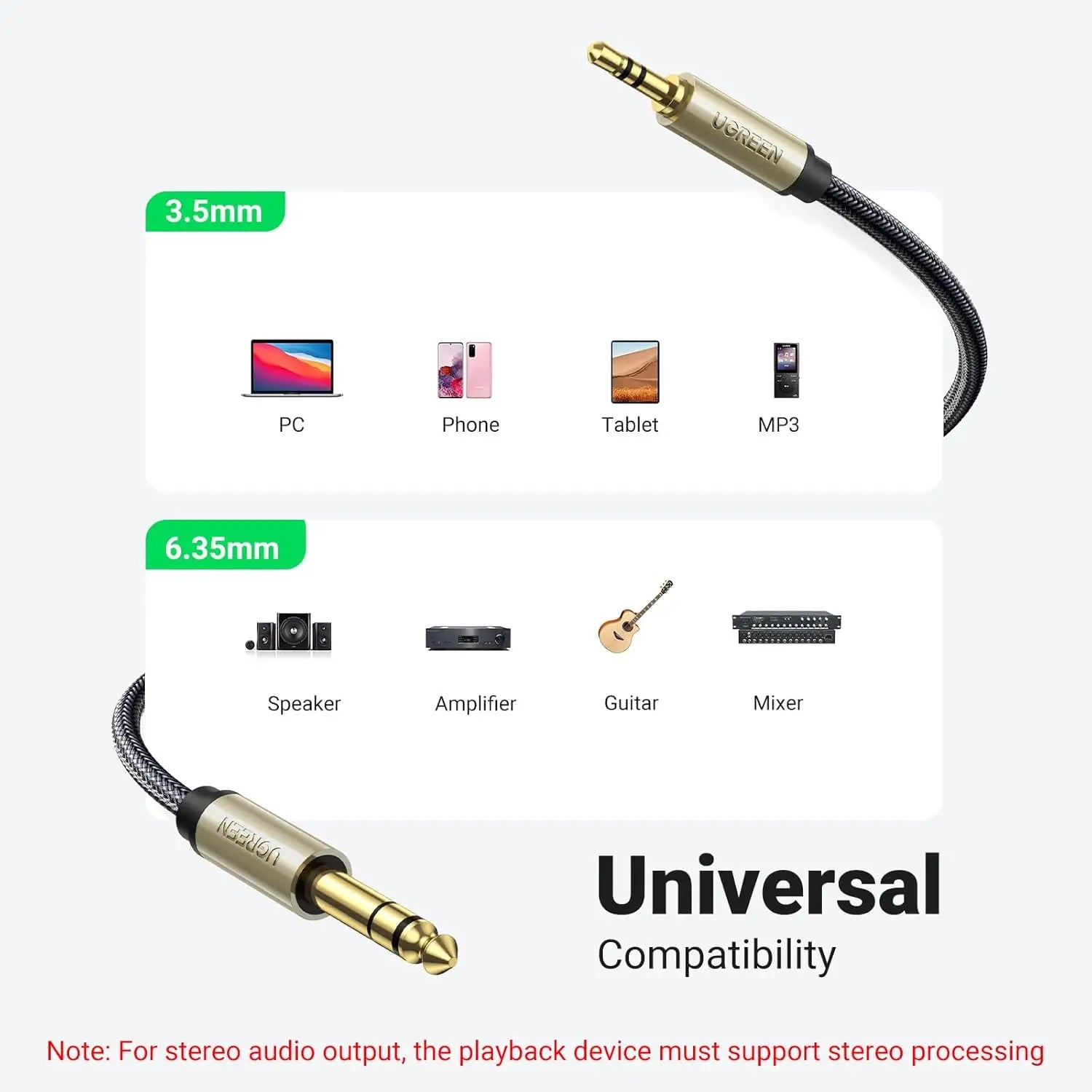 UGREEN 6.35mm 1/4’’ Male to 3.5mm 1/8’’ TRS Stereo Audio Cable with Zinc Alloy Housing and Nylon Braid Compatible