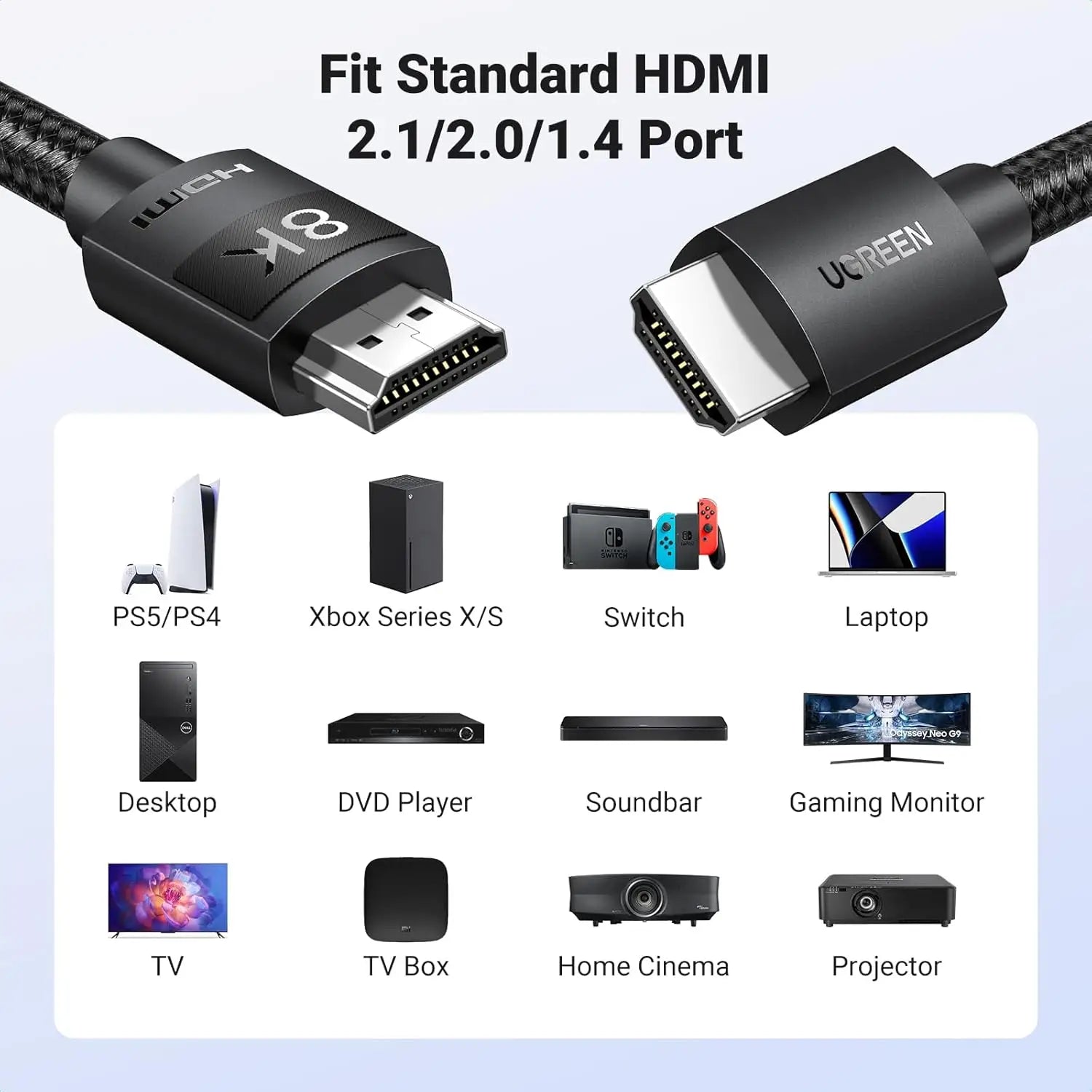 UGREEN 8K@60Hz Certified HDMI 2.1 Cable 1M Ultra Speed 10K 60Hz 4K 240Hz Braided Cord Support 48Gbps Dynamic HDR eARC