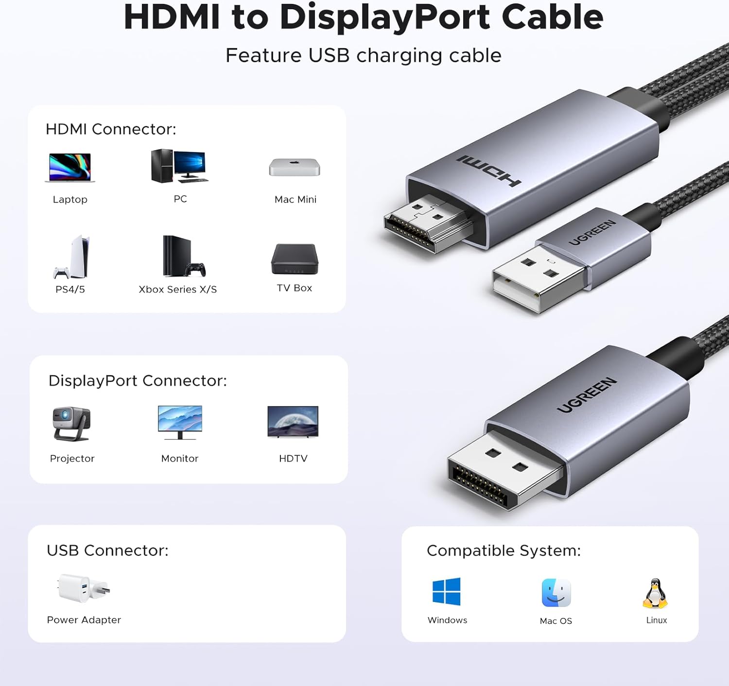 UGREEN Active HDMI to DisplayPort Male Unidirectional Cable with USB Powered 4K@60Hz 1080P@120Hz DP Display HDR Dolby