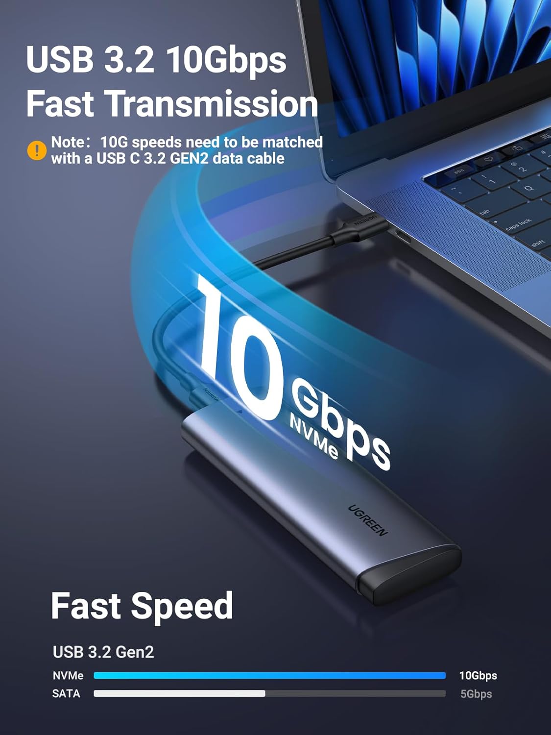 UGREEN M.2 NVMe Enclosure 10Gbps USB C 3.2 Gen 2 for M and M&B Key NVME PCIe Adapter Aluminum External Hard Drive Case