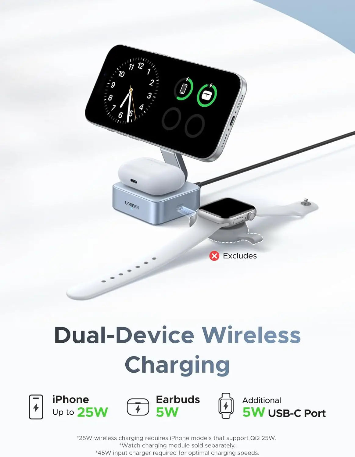 UGREEN Qi2 25W MagFlow 2-in-1 Magnetic Wireless Charger MagSafe Compatible 70° Adjustable and Travel-Friendly