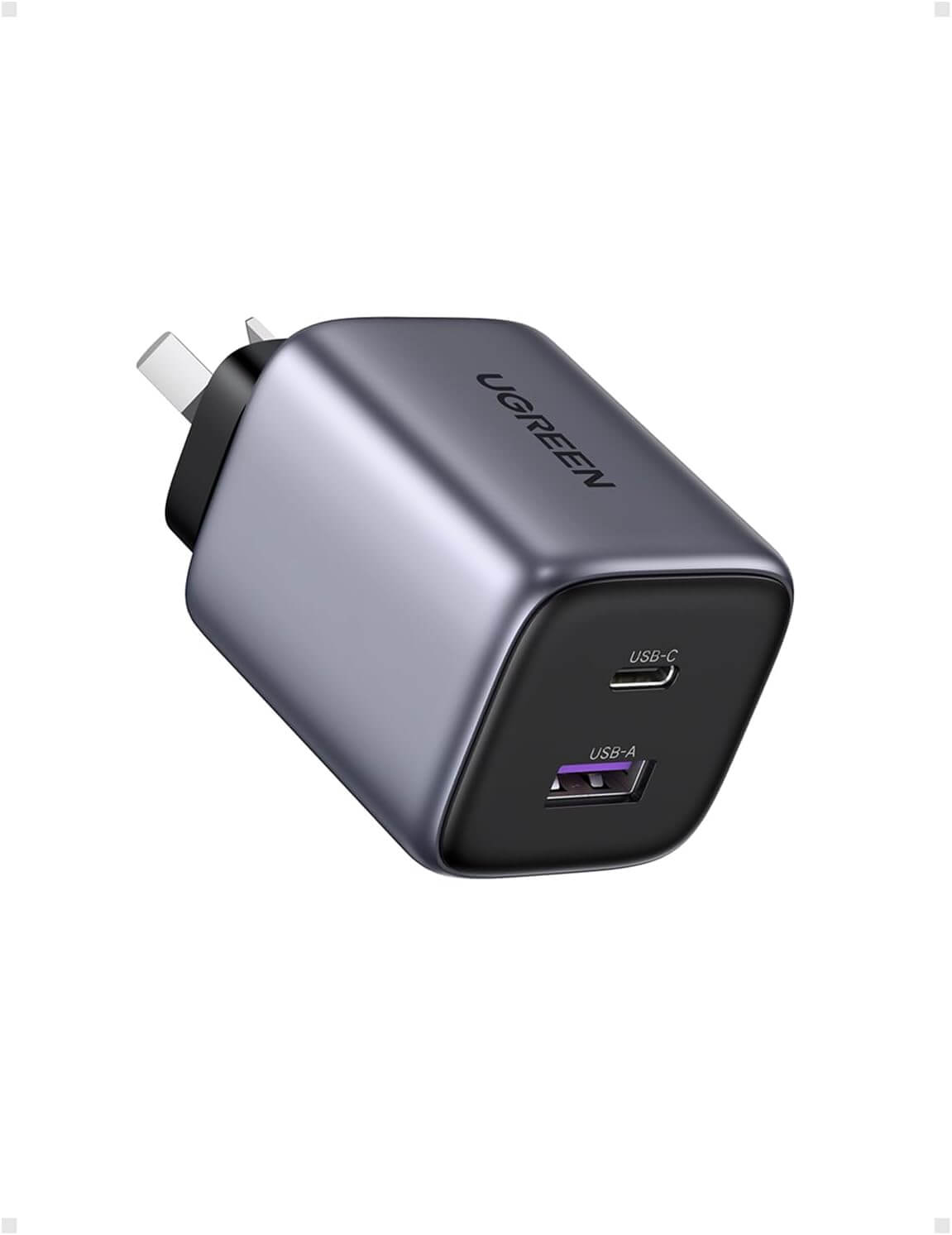 UGREEN USB C charger 35W with 2 ports, compact design, suitable for fast charging iPhone, iPad, and Galaxy devices.