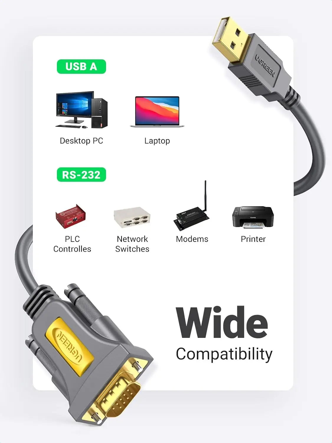 UGREEN USB to RS232 DB9 9 Pin Male Serial Adapter Cable with PL2303 Chipset Compatible Windows 11 10 8.1 8 7 XP Vista
