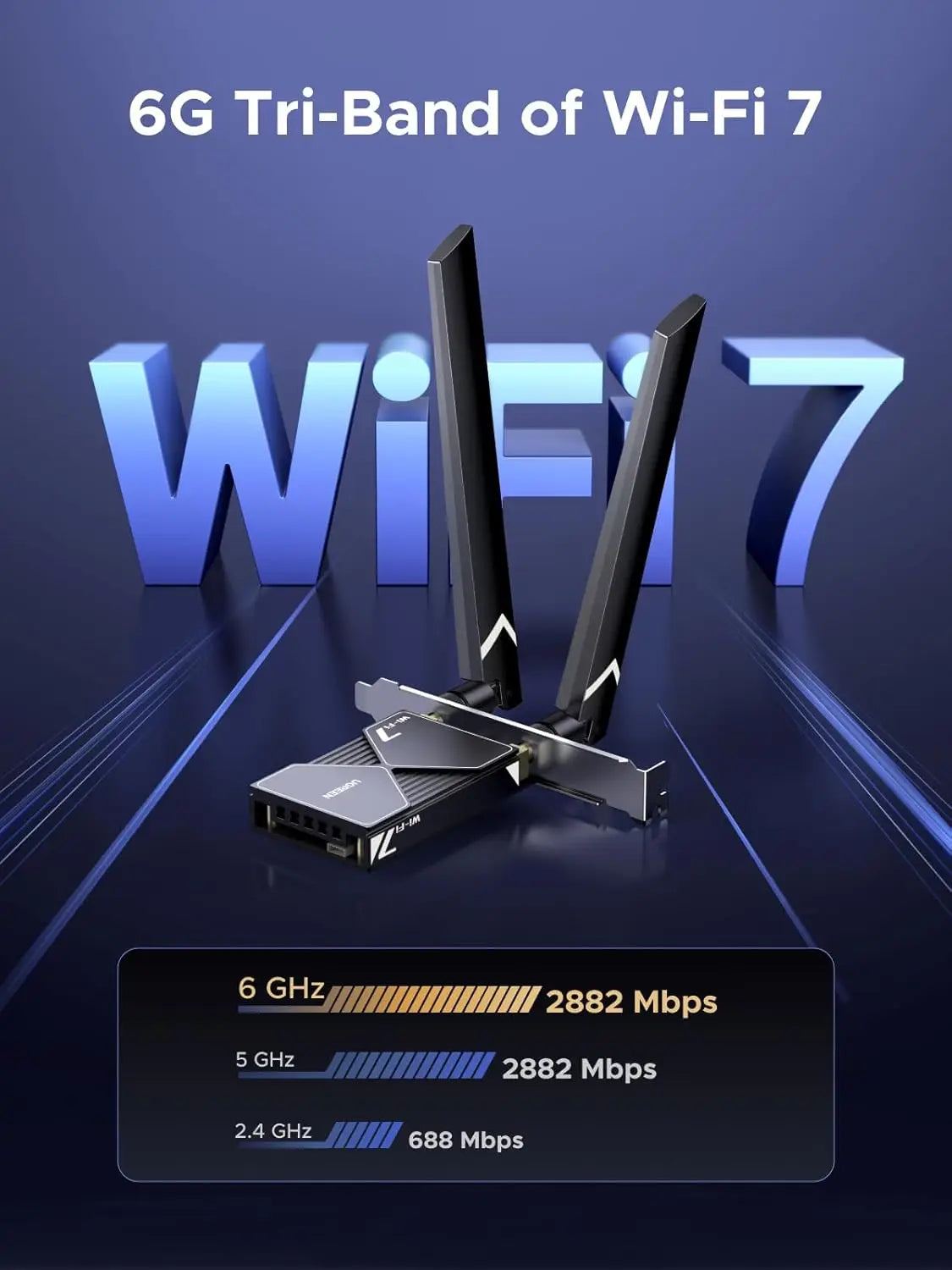 UGREEN WiFi 7 BE6500 PCIe Card Bluetooth 5.4 IEEE 802.11ax/be 6G/5G/2.4G Tri Band MLO Technology Flexible Dual 6dBi