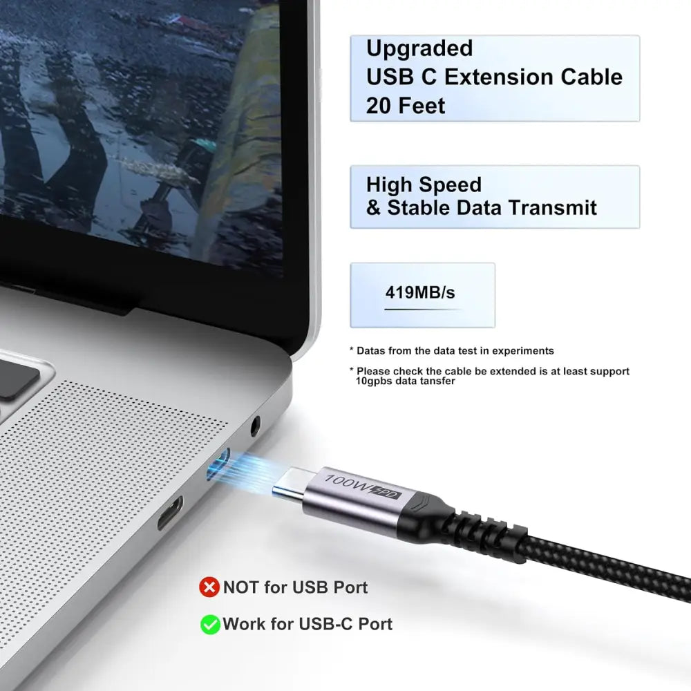 USB C Extension Cable 20ft Upgraded USBC Extender 100W Charging 4K@60Hz Display 5 Gbps Data Transfer Male to Female