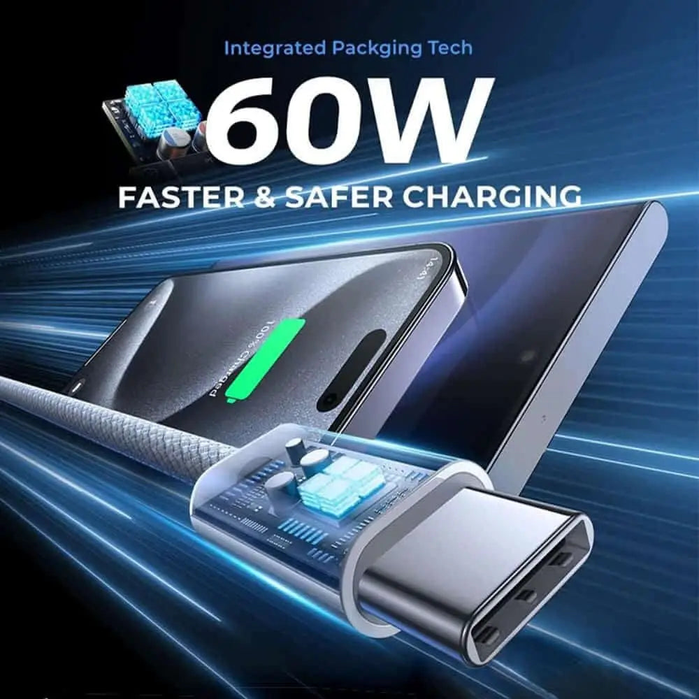 USP Braided USB-C to PD 60W High Density Fast Charge Cable (20cm) White - 3A & Safe Charge,Strong Durable,Samsung