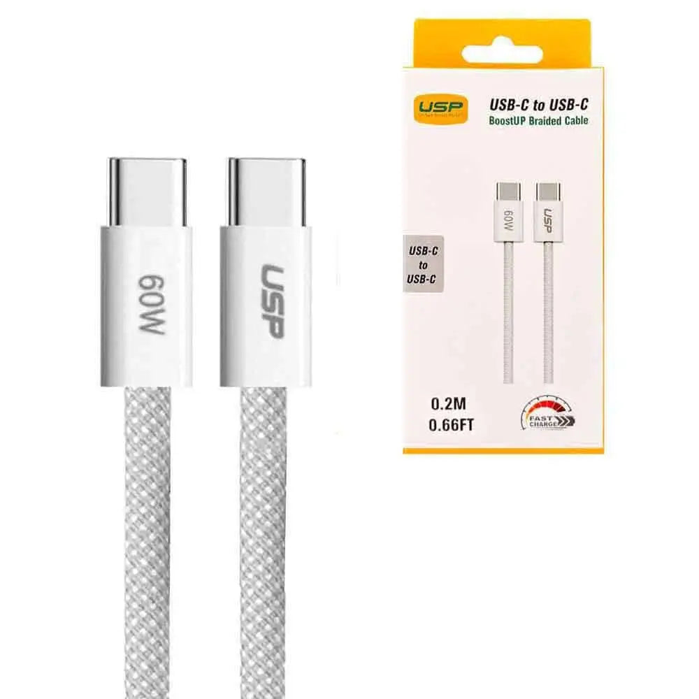 USP Braided USB-C to PD 60W High Density Fast Charge Cable (20cm) White - 3A & Safe Charge,Strong Durable,Samsung