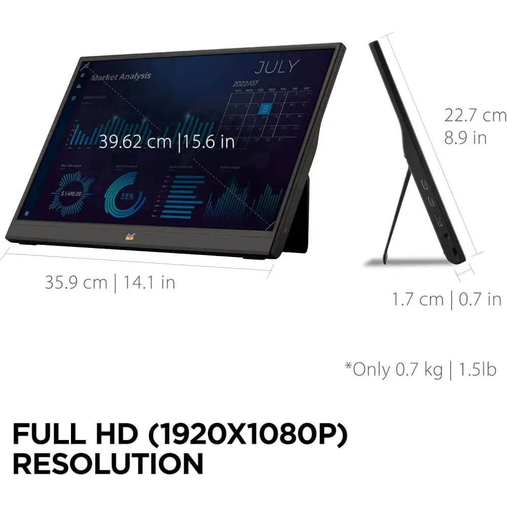 ViewSonic VA1655-3 15.6 Inch FHD 1080p IPS Portable Monitor with Mobile Tilt Ergonomics 250nits USB-C Mini HDMI