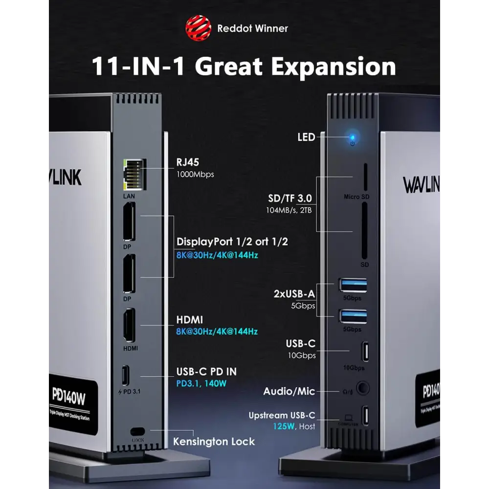 WAVLINK Docking Station 3 Monitors(Max Resolution: Single 8K or Triple 4K) 11-in-1 USB C with 125W PD3.1 Pass-Through &