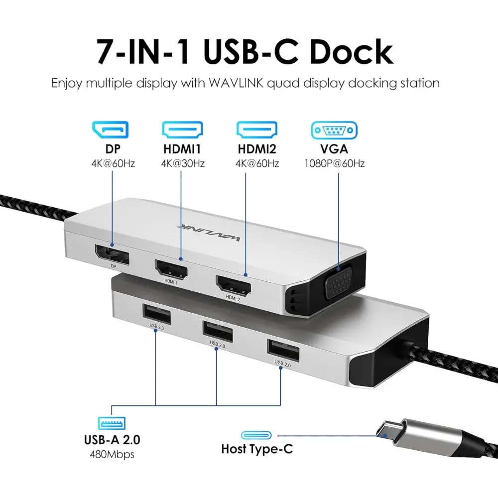 WAVLINK USB-C Laptop Docking Station - Quad Monitor 7-in-1 Multiport Adapter with Dual 4K HDMI DP VGA 3xUSB2.0