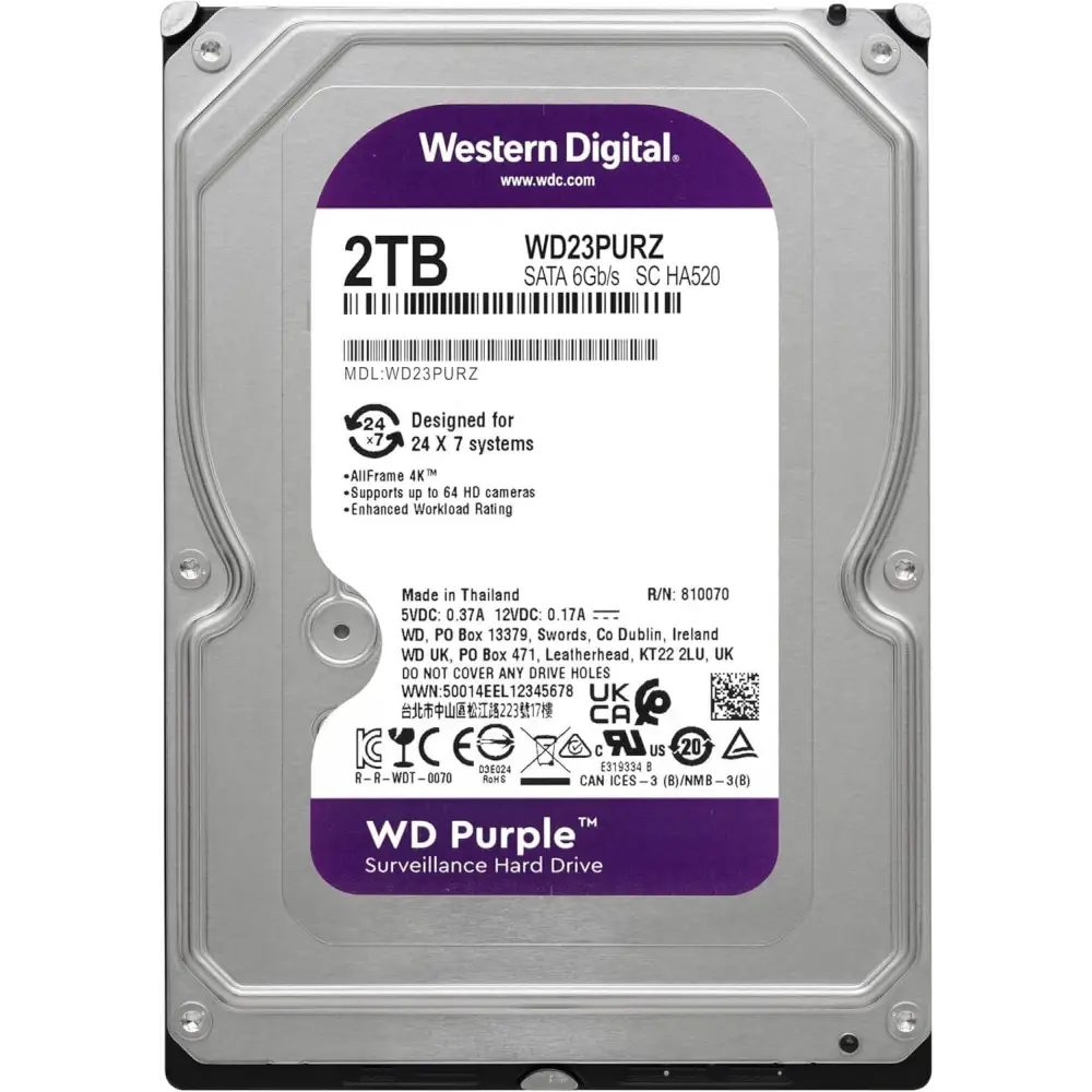 Western Digital 2TB WD Purple Surveillance Internal Hard Drive HDD - SATA 6 Gb/s 64 MB Cache 3.5’’