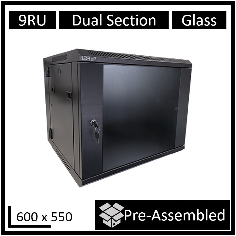 LDR ASSEMBLED 9U HINGED WALL MOUNT CABINET (600MM X 550MM) GLASS DOOR