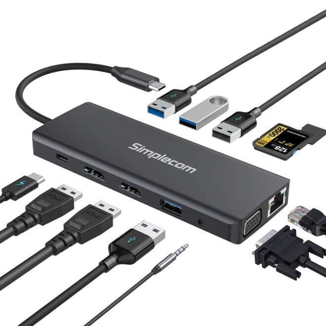 Simplecom CHN612 USB-c 12-in-1 Multiport Docking Station Dual HDMI & VGA Triple Display Gigabit LANconsumables