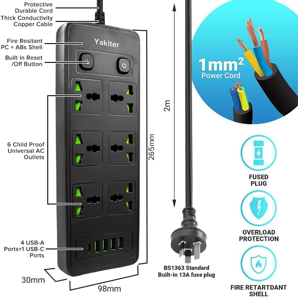 11-in-1 power strip featuring 6 universal AC outlets, 4 USB ports, 1 Type-C, and 2m extension cord for household use.