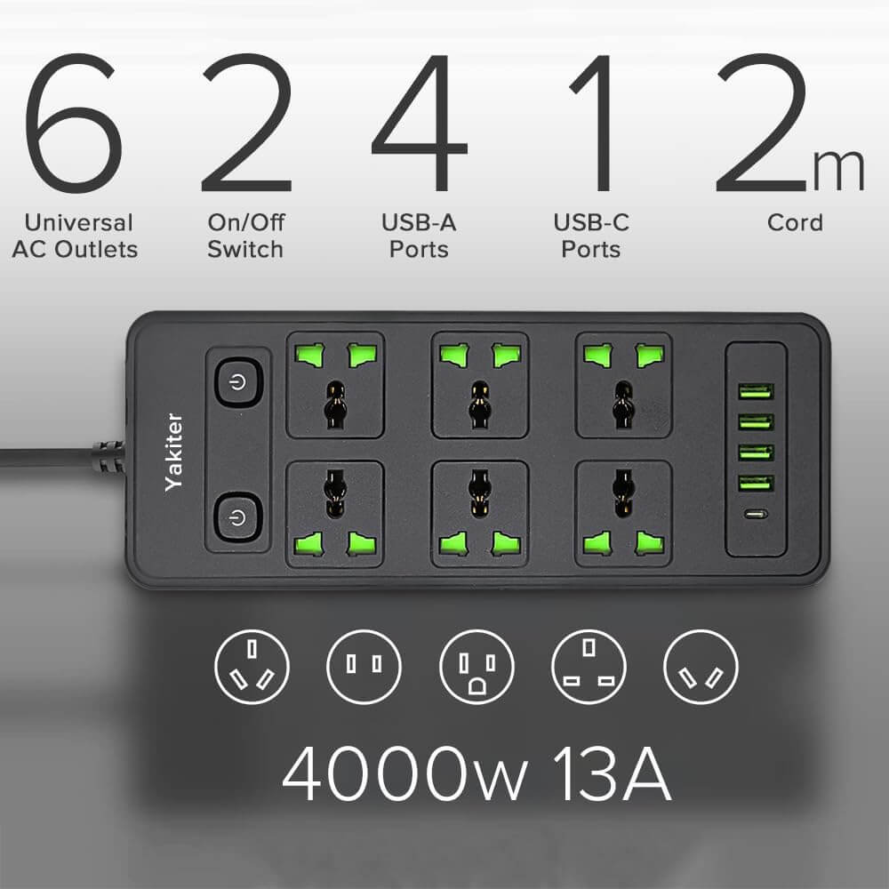 11-in-1 power strip with 6 AC outlets, USB-A and USB-C ports, 2m cord, max 4000w and 13A, ideal for travel and home use.