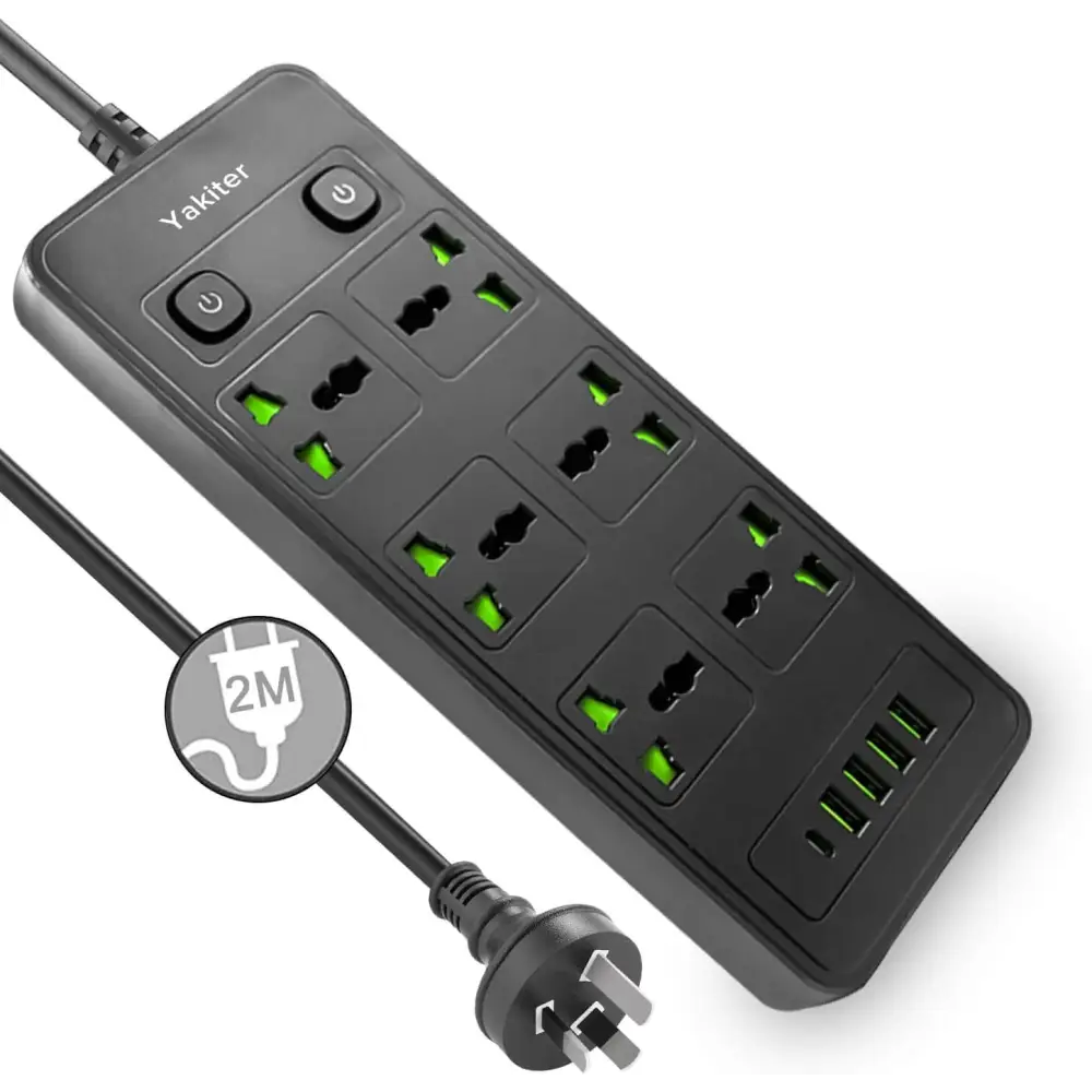 11 in 1 Universal Power Strip with USB Extension 2M Cord 6 Wide AC Outlets and 5 Ports 110-240v Max 4000w Wall Mount