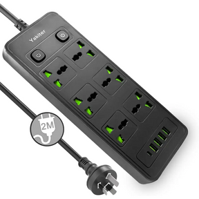 11 in 1 Universal Power Strip with USB Extension 2M Cord 6 Wide AC Outlets and 5 Ports 110-240v Max 4000w Wall Mount