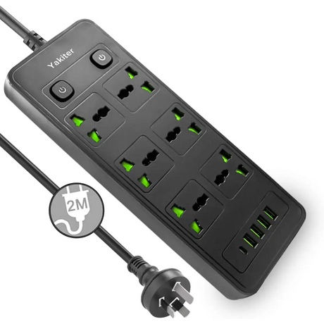 11 in 1 Universal Power Strip with USB Extension 2M Cord 6 Wide AC Outlets and 5 Ports 110-240v Max 4000w Wall Mount