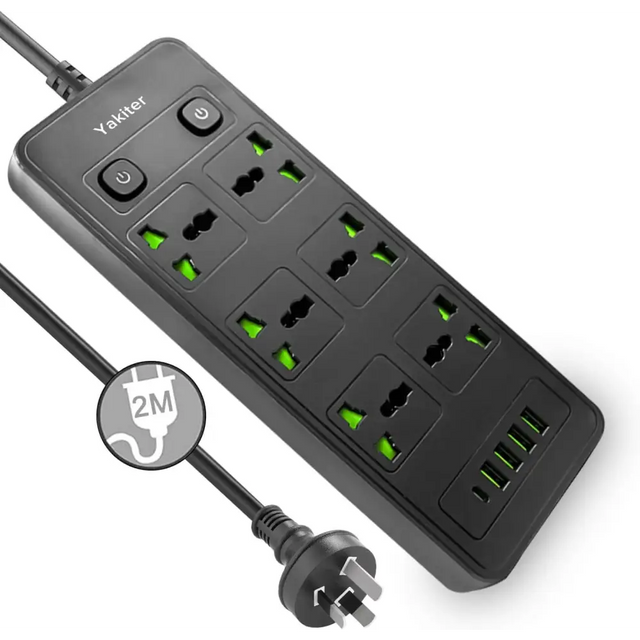 11 in 1 Universal Power Strip with USB Extension 2M Cord 6 Wide AC Outlets and 5 Ports 110-240v Max 4000w Wall Mount