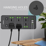 11 in 1 Universal Power Strip with USB Extension 2M Cord 6 Wide AC Outlets and 5 Ports 110-240v Max 4000w Wall Mount