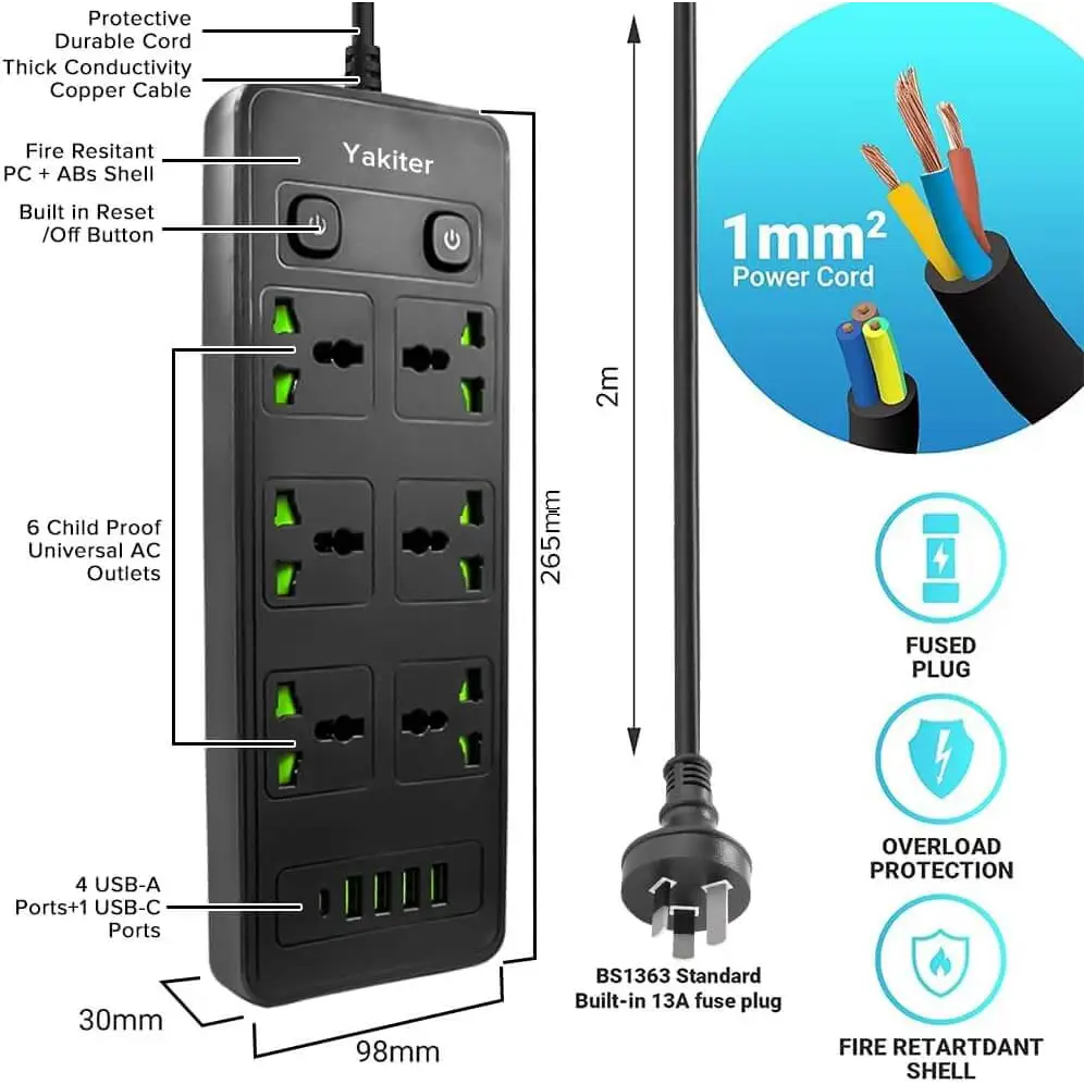 11 in 1 Universal Power Strip with USB Extension 2M Cord 6 Wide AC Outlets and 5 Ports 110-240v Max 4000w Wall Mount