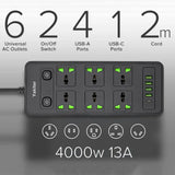 11 in 1 Universal Power Strip with USB Extension 2M Cord 6 Wide AC Outlets and 5 Ports 110-240v Max 4000w Wall Mount