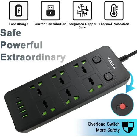 11 in 1 Universal Power Strip with USB Extension 2M Cord 6 Wide AC Outlets and 5 Ports 110-240v Max 4000w Wall Mount