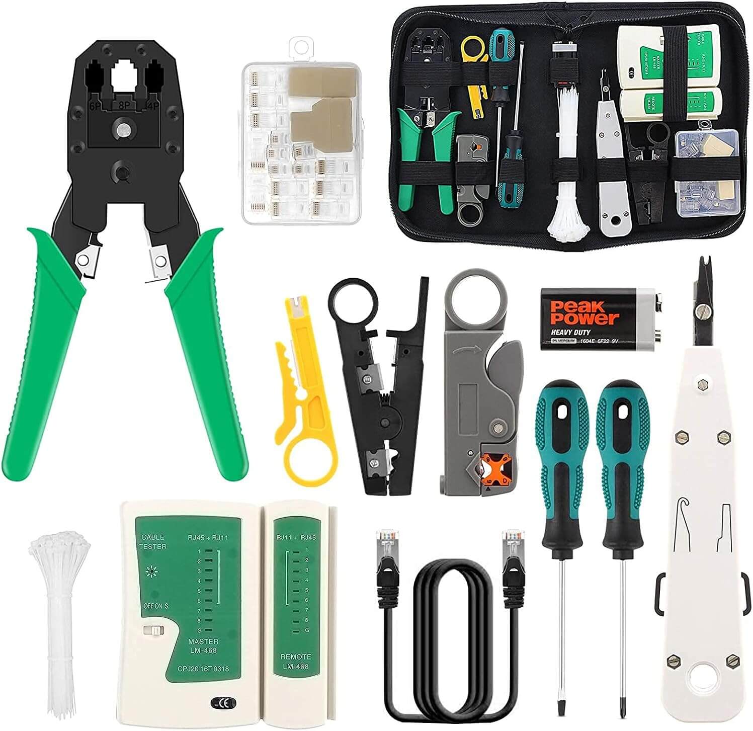 18 in 1 Network Repair Tools Professional Network Cable Tester Kit Network Maintenance Kit for RJ11 / 12/45 Network Crimper Tool with 17 Connectors and 2M Network Cableconsumables
