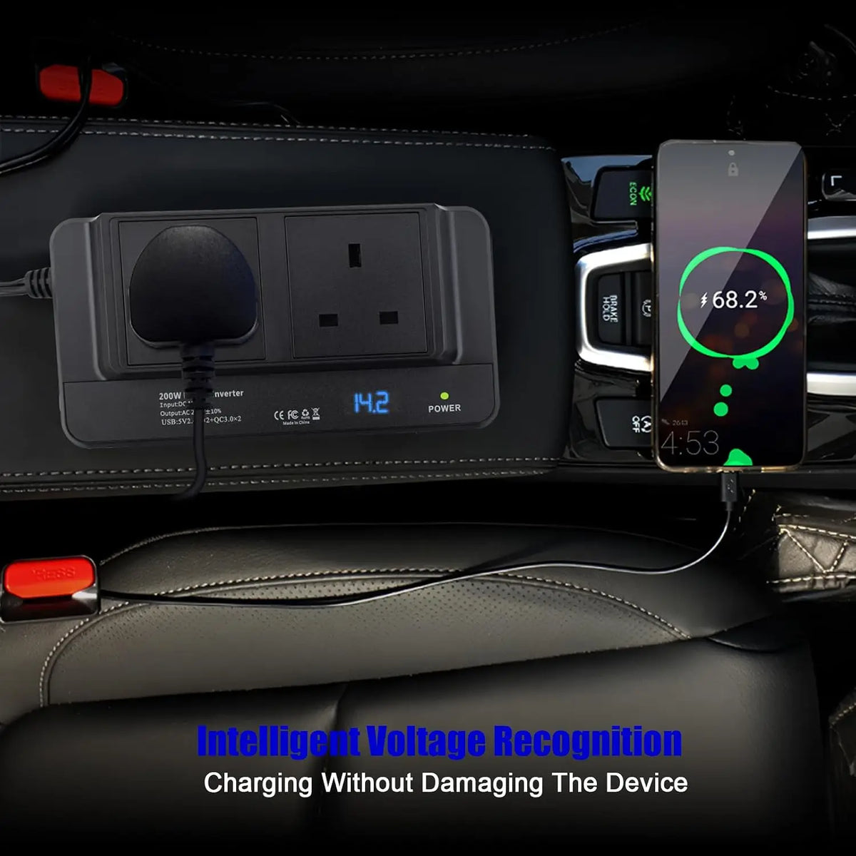 200W Portable Car Power Inverter 12V to 230V DC AC Converter with Cigarette Lighter Plug 2 Sockets 4 USB Ports Fast