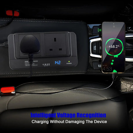 200W Portable Car Power Inverter 12V to 230V DC AC Converter with Cigarette Lighter Plug 2 Sockets 4 USB Ports Fast