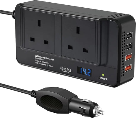 200W Portable Car Power Inverter 12V to 230V DC AC Converter with Cigarette Lighter Plug 2 Sockets 4 USB Ports Fast