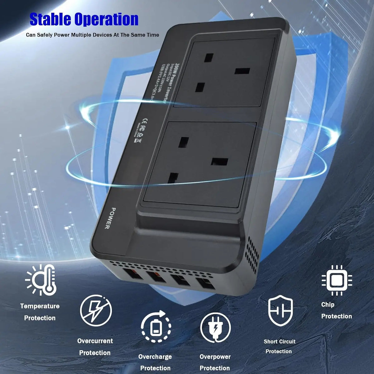 200W Portable Car Power Inverter 12V to 230V DC AC Converter with Cigarette Lighter Plug 2 Sockets 4 USB Ports Fast