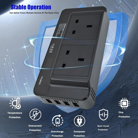 200W Portable Car Power Inverter 12V to 230V DC AC Converter with Cigarette Lighter Plug 2 Sockets 4 USB Ports Fast