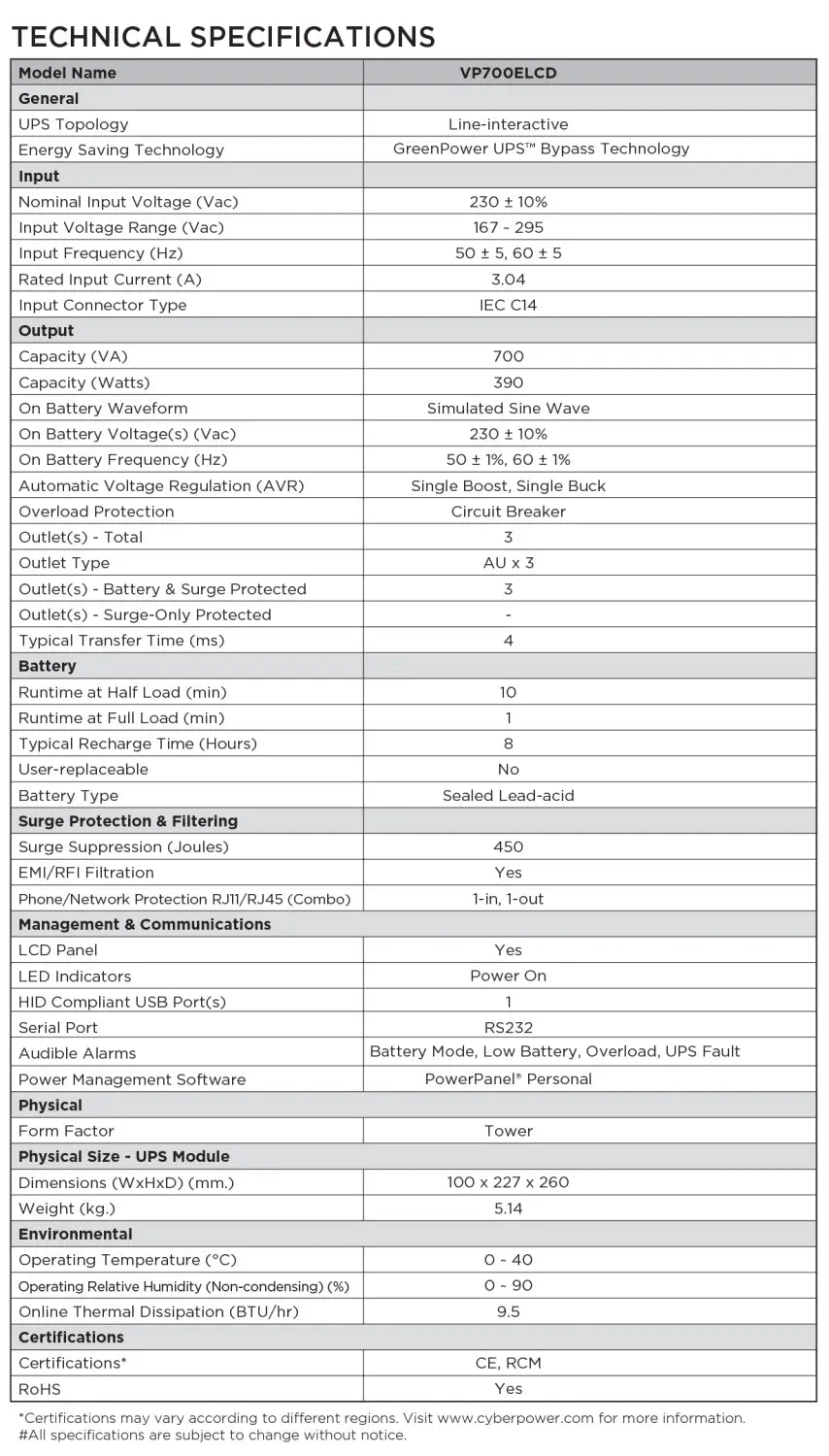 CyberPower Systems Value Pro-(VP700ELCD)- 700VA / 390W Line Interactive UPS - 1* 12V/7AH - 2 Yrs Adv. Replacement WTY