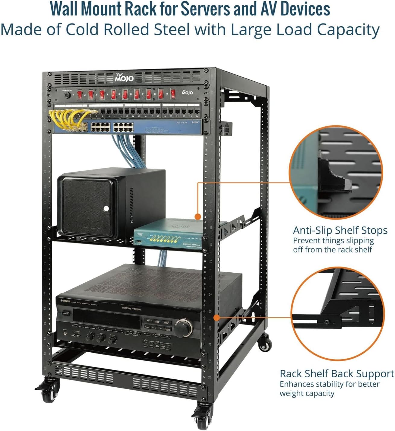 20U Open Frame Network Rack for IT &AV Gear 20RU AV 4-Post with Mobile Casters and 2 PCS Vented 19’’ Front Mounting