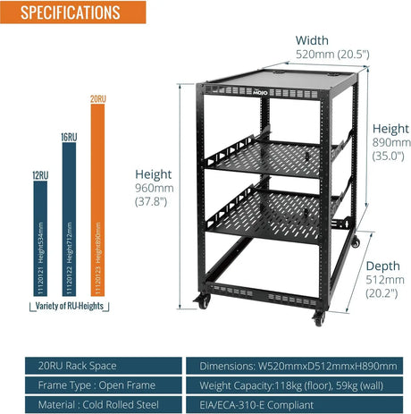 20U Open Frame Network Rack for IT &AV Gear 20RU AV 4-Post with Mobile Casters and 2 PCS Vented 19’’ Front Mounting
