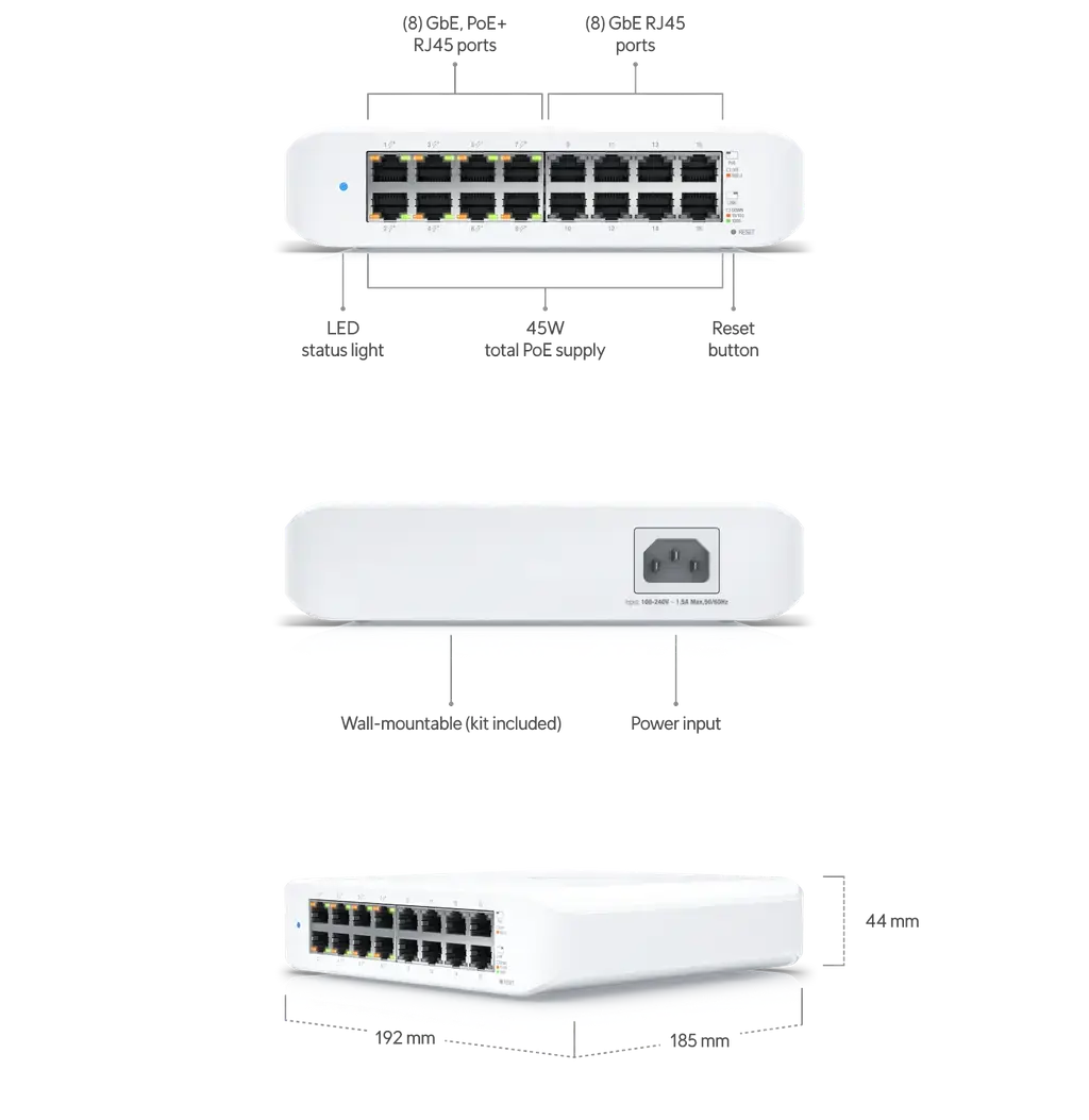 Ubiquiti UniFi Switch Lite 16 PoE Layer 2 16x GbE RJ45 Ports 8x 802.3at PoE+ Ports 45W PoE Silent Operation Wallmount