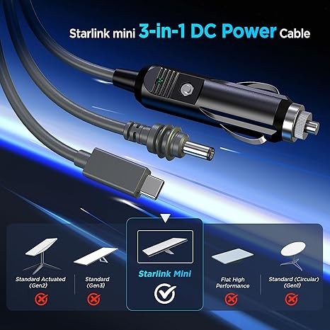 3 in 1 Starlink Mini Cable 10FT/ 3M High-Speed USB C/Car Charger/DC to DC Replacement Waterproof Extension Starlink